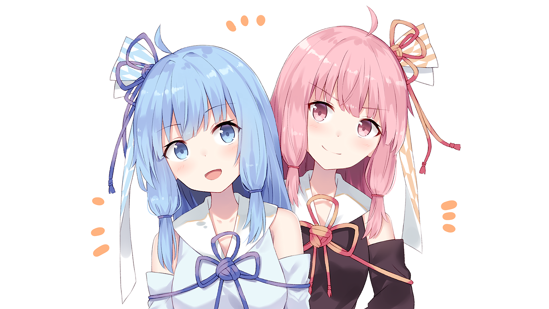 Anime HD PC desktop wallpaper/background of Vocaloid characters Kotonoha Aoi (blue hair) and Kotonoha Akane (pink hair) wearing ribbon bows, smiling.