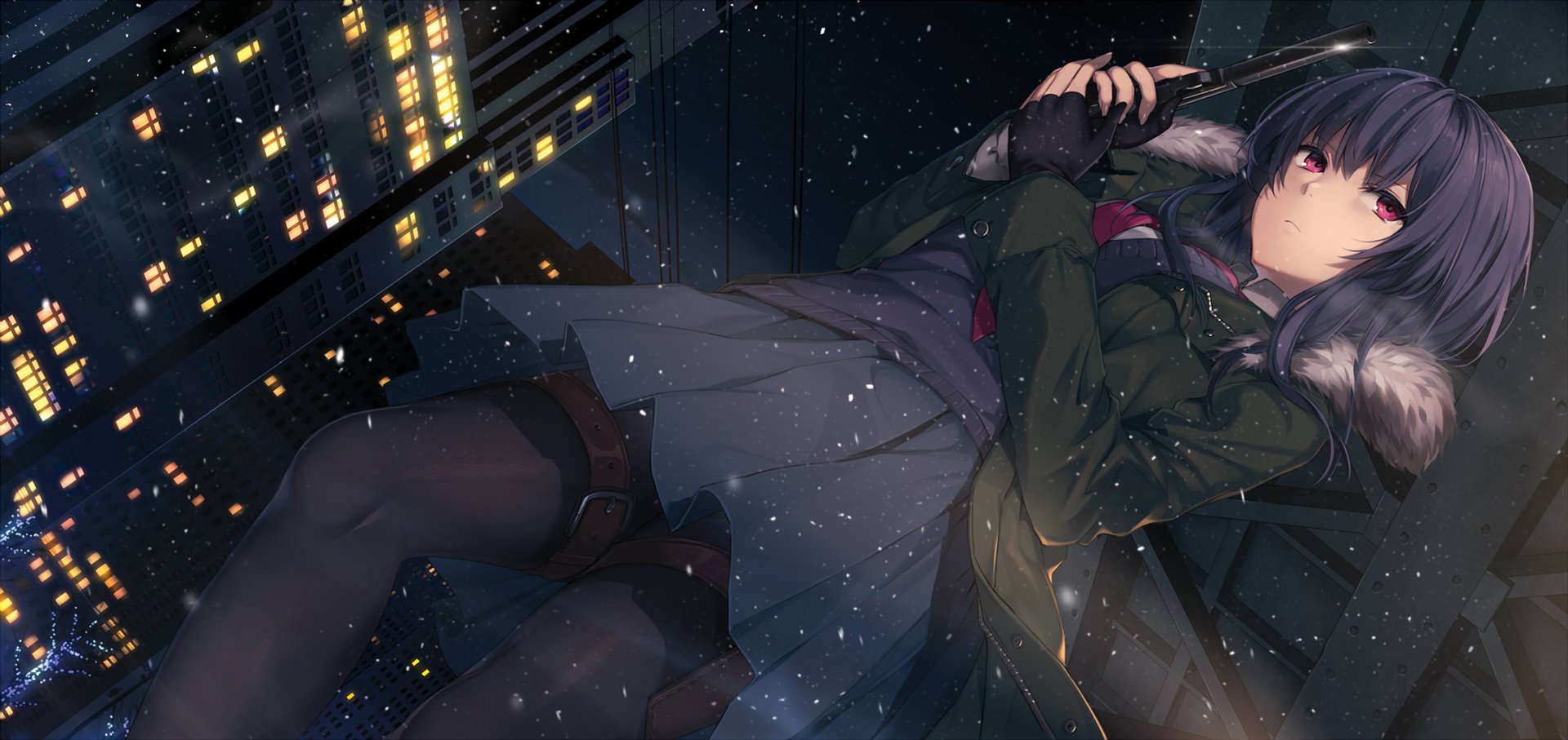 Anime original HD PC desktop wallpaper: an anime girl in a fur-collared coat and skirt lies on a rooftop above snowy city lights at night, gripping a knife and gazing upward.