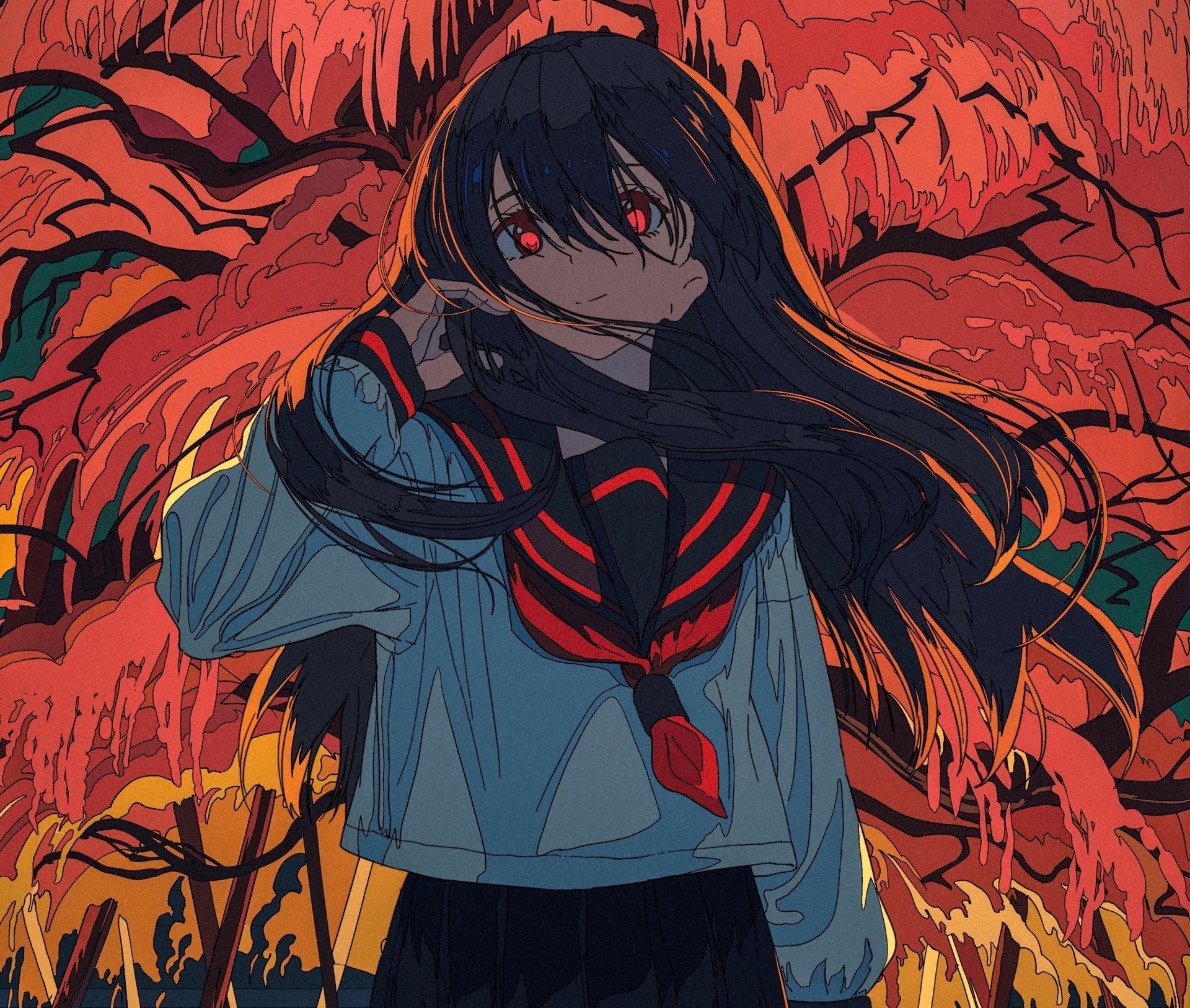 HD wallpaper featuring an original anime character with long black hair, red eyes, and a smile, set against a vibrant, autumnal background.