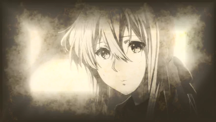 HD PC desktop wallpaper featuring Violet Evergarden from the anime Violet Evergarden, depicted in a softly blurred, sepia-toned close-up.