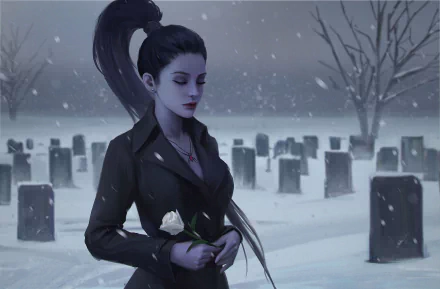 Widowmaker from Overwatch stands in a snowy graveyard, holding a white rose, set against a backdrop of gravestones, creating a poignant and atmospheric HD wallpaper.