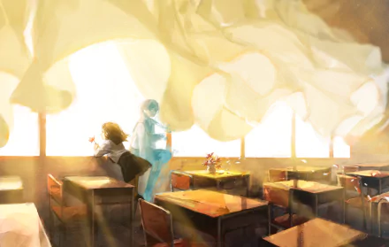 Anime-style HD desktop wallpaper of a classroom with warm sunlight, featuring a girl with braided brown hair and a translucent ghost figure beside her.