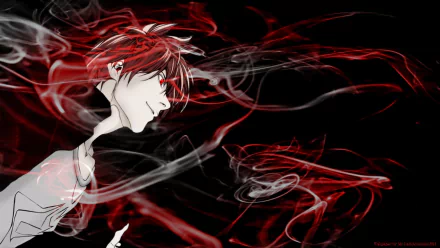 HD PC desktop wallpaper featuring Light Yagami from the anime Death Note, with dynamic red and white smoke effects against a black background.