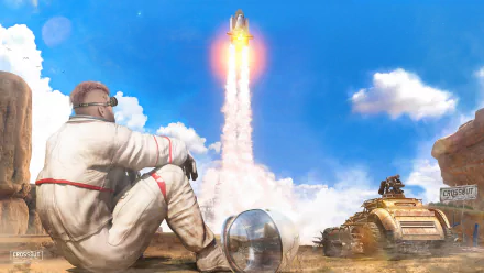 HD PC desktop wallpaper and background: Crossout video game scene of an astronaut in a dusty suit sitting beside ruined vehicles as a space shuttle blasts off into a bright blue sky.