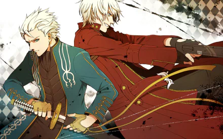 HD desktop wallpaper featuring Vergil and Dante from the video game Devil May Cry 3: Dante's Awakening. Vergil wields a katana while Dante holds pistols, set against an artistic background.