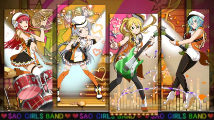 HD PC desktop wallpaper featuring anime characters from Sword Art Online: Memory Defrag in a vibrant band setting with musical instruments.