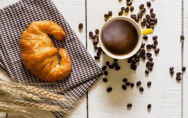 Food Coffee Cup Croissant Viennoiserie Coffee Beans Still Life HD Wallpaper | Background Image