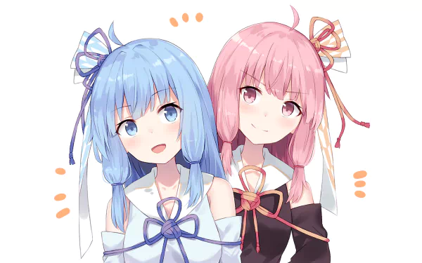 Anime HD PC desktop wallpaper/background of Vocaloid characters Kotonoha Aoi (blue hair) and Kotonoha Akane (pink hair) wearing ribbon bows, smiling.