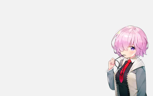 Mashu Kyrielight (Fate/Grand Order) anime portrait — pink-haired in a school uniform on a minimalist pale background. 2K Quad HD PC desktop wallpaper/background.