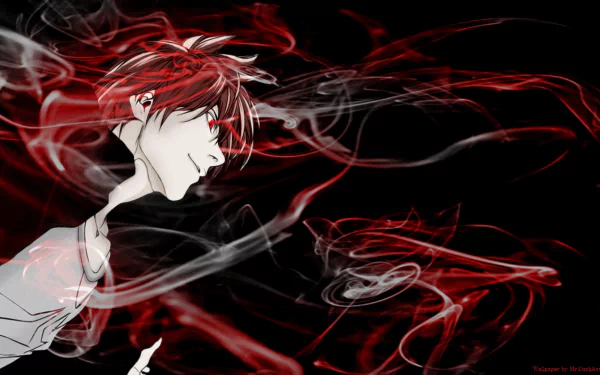HD PC desktop wallpaper featuring Light Yagami from the anime Death Note, with dynamic red and white smoke effects against a black background.
