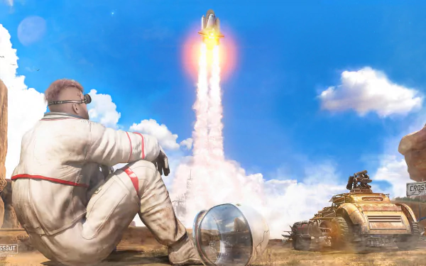 HD PC desktop wallpaper and background: Crossout video game scene of an astronaut in a dusty suit sitting beside ruined vehicles as a space shuttle blasts off into a bright blue sky.