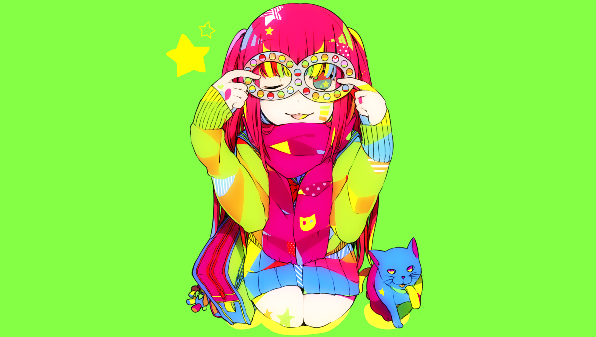 Download Star Scarf Glasses Cat Pink Hair Twintails Long Hair Anime Original Anime Cat HD Wallpaper by なると巻き