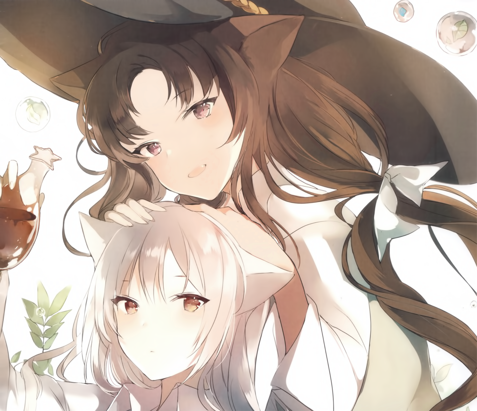 Download Bow (Clothing) Bubble Bottle Hat Yellow Eyes Brown Eyes Blonde Brown Hair Long Hair Anime Girl Anime Girl HD Wallpaper by Lpip