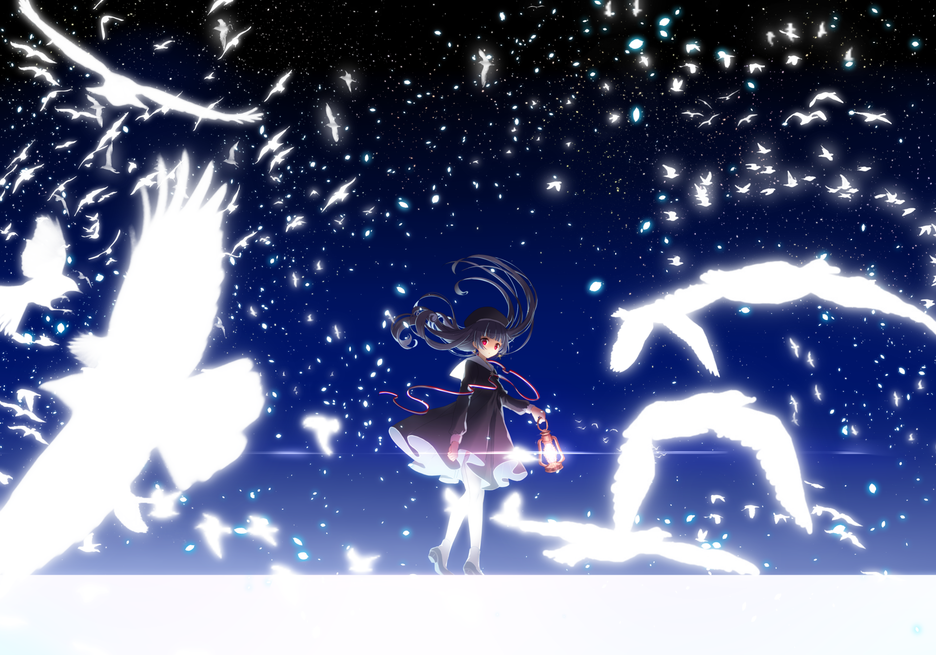 2K Quad HD anime wallpaper: an original long black-haired character in a hat with red eyes holds a glowing lantern as white anime birds swirl beneath a starry night sky.