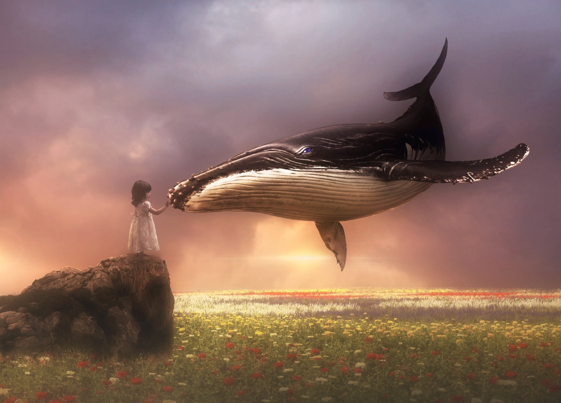 A little girl stands on a rock reaching out to a majestic whale floating above a flower-filled field in a fantasy HD PC desktop wallpaper scene.