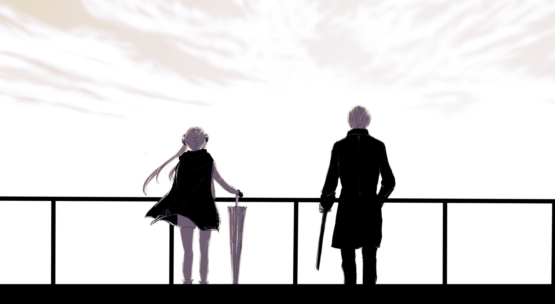 2K Quad HD PC desktop wallpaper: anime Gintama scene with Okita Sougo and Kagura (Gintama) silhouetted on a railing against a pale sky, minimalist background.