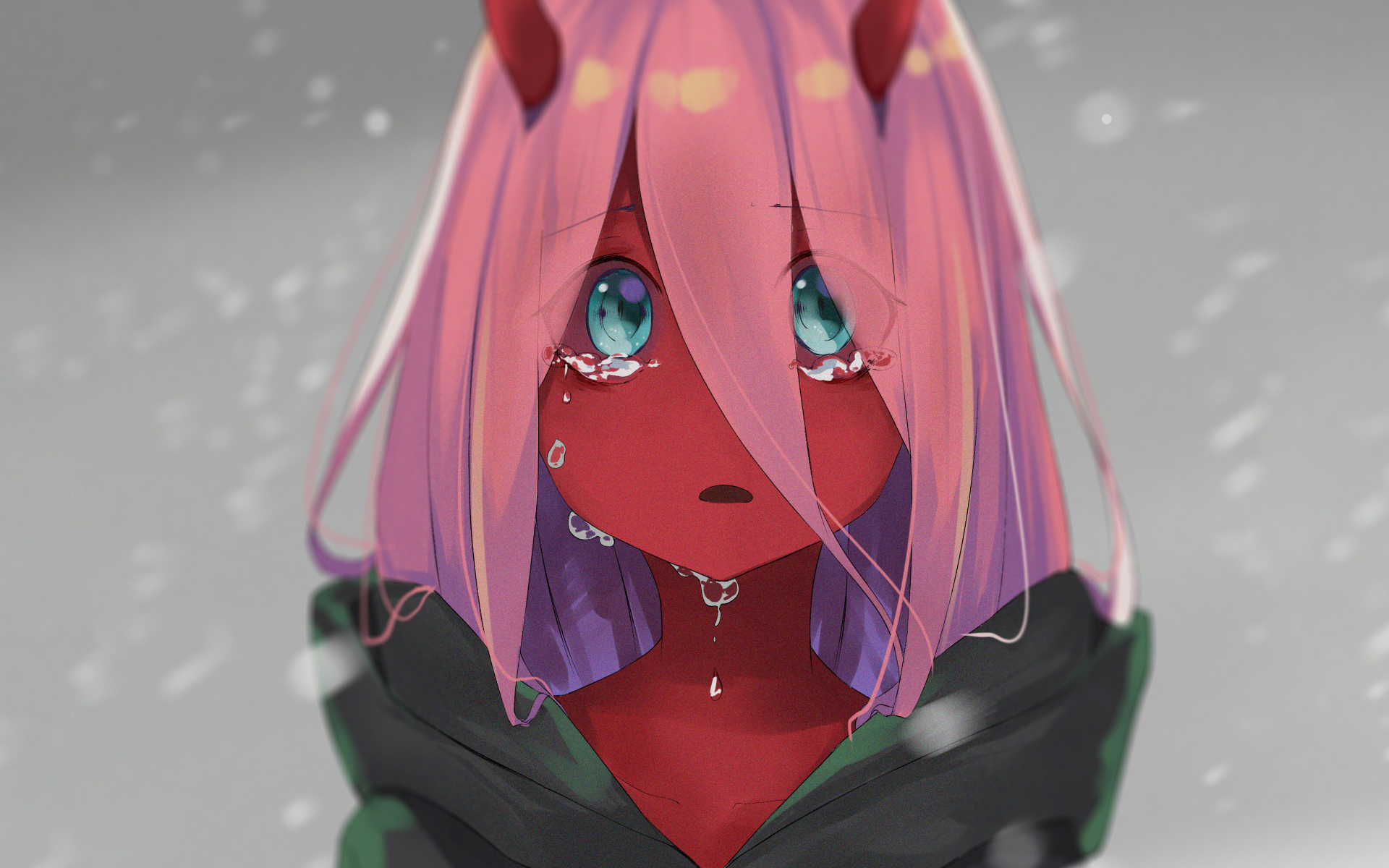 HD wallpaper featuring Zero Two from the anime Darling in the FranXX, with a close-up of her emotional expression, pink hair, and signature horns against a snowy background.