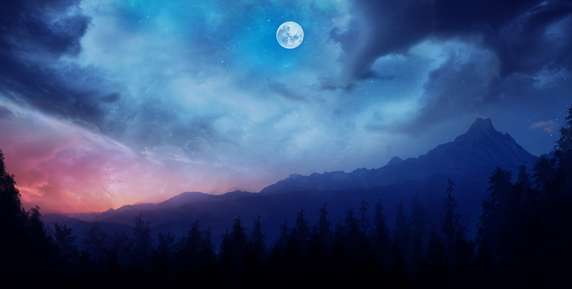 HD fantasy landscape wallpaper featuring a glowing full moon above dark silhouetted mountains and a misty forest under a vibrant twilight sky.