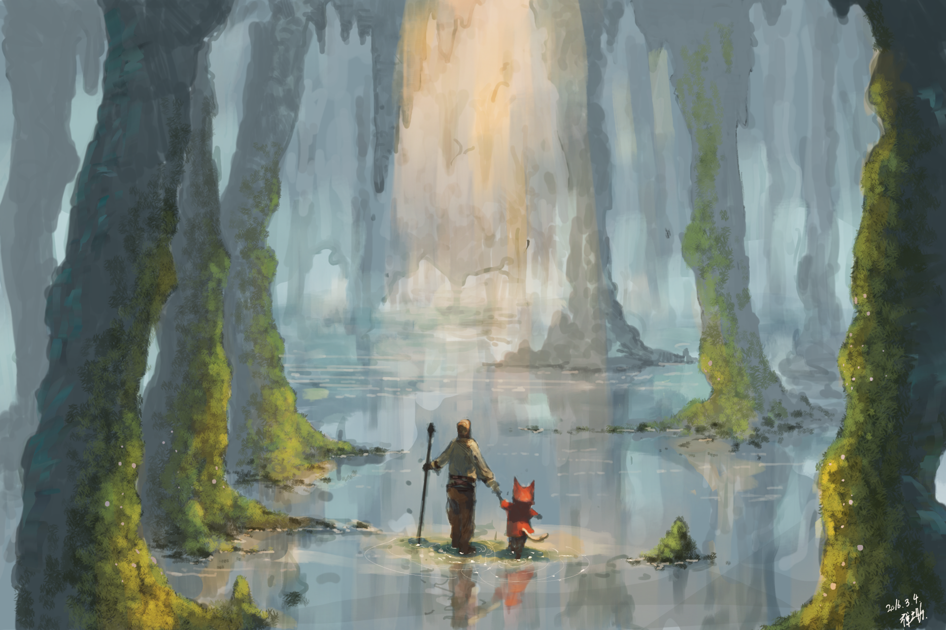 Download Water Light Cave Fantasy Anime Original Fantasy Anime HD Wallpaper by 禅之助