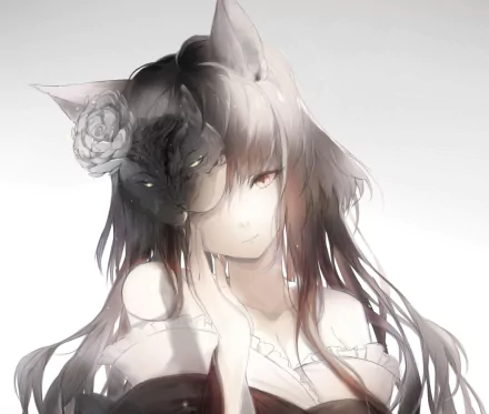 A serene anime girl in a kimono with brown hair and eyes, wearing a mask adorned with a flower, gently poses alongside a shadowy wolf figure. HD wallpaper with a mystical vibe.