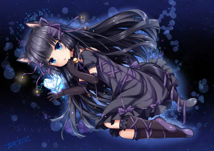 HD desktop wallpaper of an original anime cat girl with black long hair, blue eyes, and blush, wearing a dress with bows, gloves, and a bell, holding a glowing object against a starry night background.