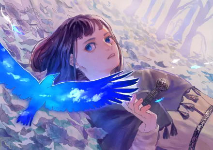 blue eyes brown hair short hair bird Anime Original Anime Bird HD Desktop Wallpaper | Background Image