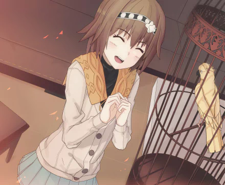 Hinami Fueguchi from Tokyo Ghoul smiles joyfully, with short brown hair and a flower accessory, beside a birdcage, creating a warm and vibrant atmosphere in this HD anime wallpaper.