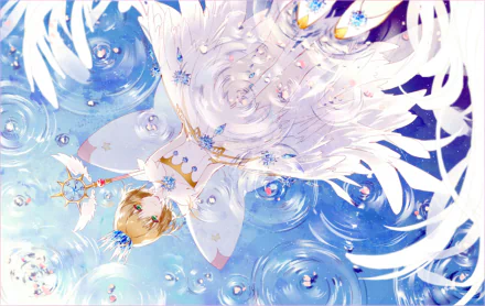 Sakura Kinomoto from Cardcaptor Sakura in a flowing white costume amid swirling bubbles and feathers — HD anime PC desktop wallpaper and background.