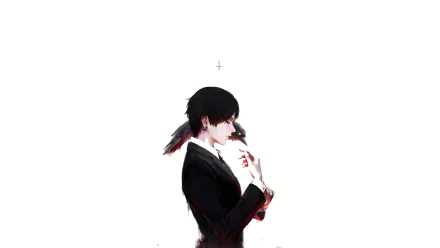 HD desktop wallpaper featuring Chrollo Lucilfer from the anime Hunter x Hunter. The image depicts him in a suit, with a bird perched on his hand, set against a minimalistic white background.