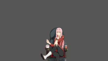 HD PC desktop wallpaper featuring Zero Two from the anime Darling in the FranXX, sitting calmly in a chair against a minimalist dark background.