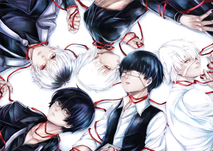 HD desktop wallpaper featuring Haise Sasaki and Ken Kaneki from Tokyo Ghoul:re. The characters are arranged in a circular pattern with red strings connecting them against a light background.