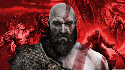 HD wallpaper featuring Kratos, from the video game God of War, with a fierce expression, red paint across his body, and a dramatic red background showcasing intense scenes from the game.
