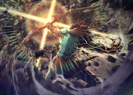 HD desktop wallpaper of Arash (Fate/Prototype) and Archer (Fate/Grand Order) from the anime Fate/Grand Order, depicting a dynamic action scene with intense colors and energy.