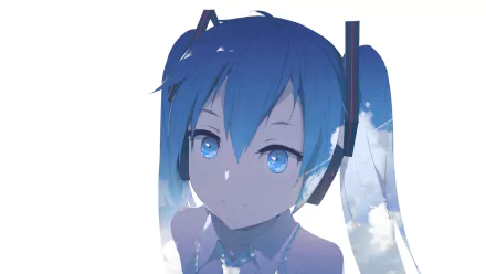 HD PC desktop wallpaper featuring Hatsune Miku from Vocaloid, depicted in anime style with blue hair and matching headphones against a light background.