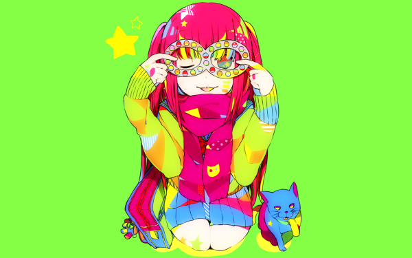 Anime Original Long Hair Twintails Pink Hair Cat Glasses Scarf Star HD Wallpaper | Background Image