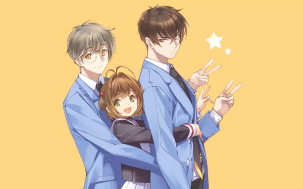 HD PC desktop wallpaper featuring anime characters Toya Kinomoto, Sakura Kinomoto, and Yukito Tsukishiro from Cardcaptor Sakura against a soft yellow background.