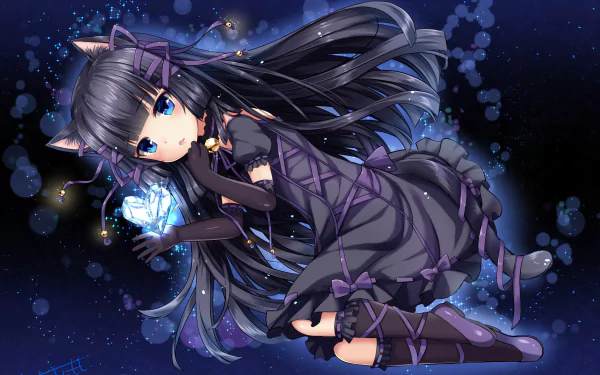 HD desktop wallpaper of an original anime cat girl with black long hair, blue eyes, and blush, wearing a dress with bows, gloves, and a bell, holding a glowing object against a starry night background.