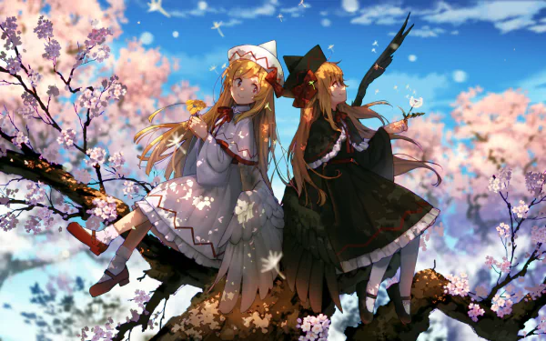 HD PC desktop wallpaper of Touhou anime characters Lily White and Lily Black in white and black dresses, sitting on a cherry-blossom branch beneath a bright blue sky background.