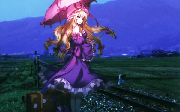 HD PC desktop wallpaper of Yukari Yakumo (Touhou): anime-style long-haired woman in a purple dress and parasol standing on rural train tracks at dusk with mountains behind.