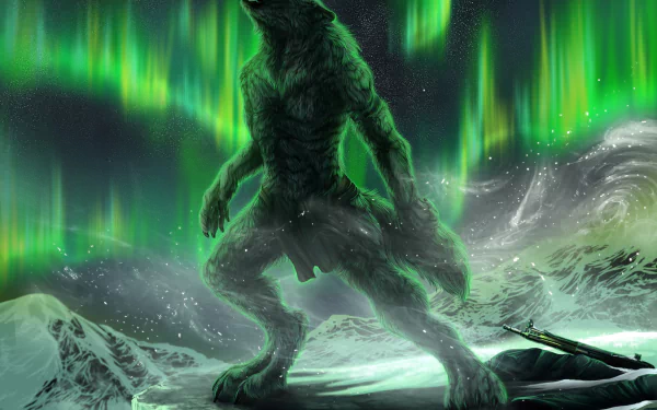 A dark werewolf creature stands on a snowy mountain under the vibrant green aurora borealis at night, captured in 4K Ultra HD detail.