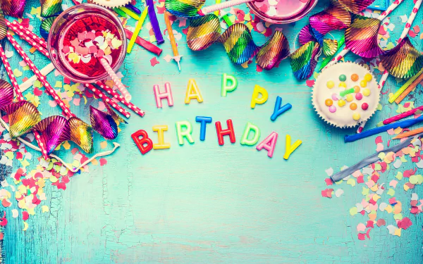 Colorful 4K Ultra HD birthday party scene with confetti, festive decorations, a cupcake, and Happy Birthday spelled out on a bright blue background.