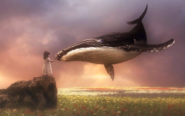 Fantasy Whale Fantasy Animals Little Girl Flower HD Wallpaper | Background Image