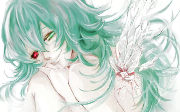 Anime character Eto Yoshimura from Tokyo Ghoul with long green hair and heterochromia smiles while showing her kagune in this HD desktop wallpaper.