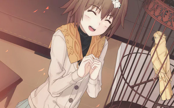 Hinami Fueguchi from Tokyo Ghoul smiles joyfully, with short brown hair and a flower accessory, beside a birdcage, creating a warm and vibrant atmosphere in this HD anime wallpaper.