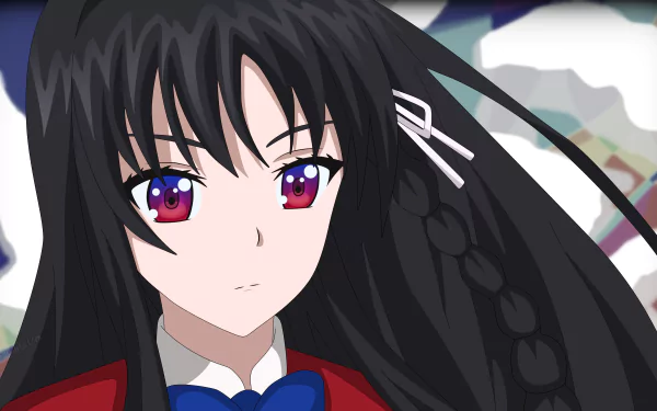 Suzune Horikita from Classroom of the Elite depicted in detailed 4K Ultra HD anime style, with sharp eyes and flowing black hair, against a blurred background.