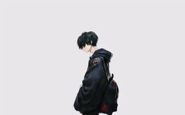 HD desktop wallpaper of an anime boy with black hair wearing a dark hoodie, facing left against a light background.