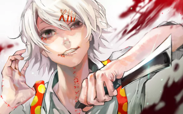 HD wallpaper of Juuzou Suzuya from the anime Tokyo Ghoul. Juuzou has white hair, red stitches on his face, and holds a knife with a confident expression, set against a background with splashes of red.