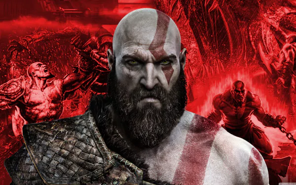 HD wallpaper featuring Kratos, from the video game God of War, with a fierce expression, red paint across his body, and a dramatic red background showcasing intense scenes from the game.
