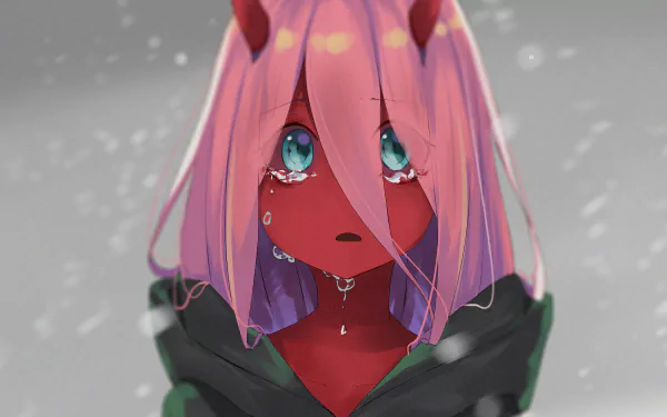 HD wallpaper featuring Zero Two from the anime Darling in the FranXX, with a close-up of her emotional expression, pink hair, and signature horns against a snowy background.
