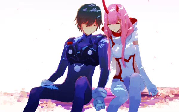 This HD wallpaper shows Zero Two and Hiro from the anime Darling in the FranXX, sitting together in their futuristic suits against a softly lit background.